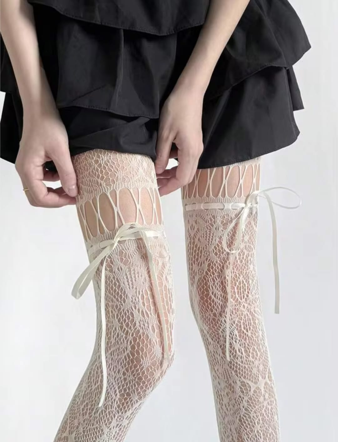 Women’s Fishnet Thigh High Stockings with Ribbon Bow, Sheer Stretch Mesh Long Socks